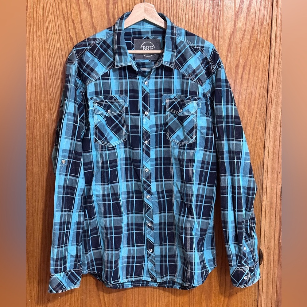 BKE‎ Men's Blue Plaid Shirt sz XL pearl snap western Q